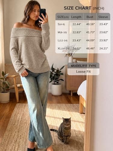 ATHMILE Winter Outfits for Womens Off The Shoulder Sweaters Oversized Batwing Sleeve Loose Pullover Fall Tops 2026 Khaki - Thumbnail 6