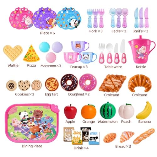 Drefirsa Girl Play Food-Tea Party Set, Plastic Play Kitchen Toy Accessories with Pink Picnic Case, Cutting Fruit, Bread, Pot, Cup, Toddler Girl Toy for 2 3 4 5 6 Year Birthday Gift - Thumbnail 2