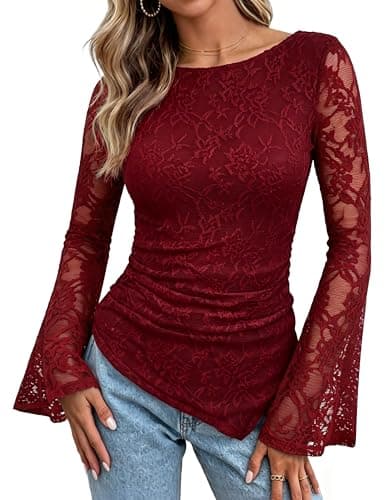 GRACE KARIN Womens Lace Bell Long Sleeve Tops 2026 Fall Boat Neck Ruched Going Out Shirt Asymmetrical Y2K Clothes Date Night, Red Rose, XX-Large - Image 1