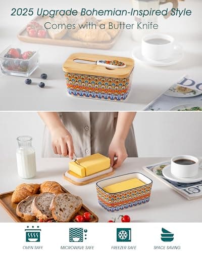 vancasso SIMI Butter Dish with Lid, 6.5" Large Butter Dish for Countertop, Bohemian Ceramic Butter Keeper Container with Knife and Bamboo Lid, Butter Holder for Counter, Regal Bloom - Thumbnail 4
