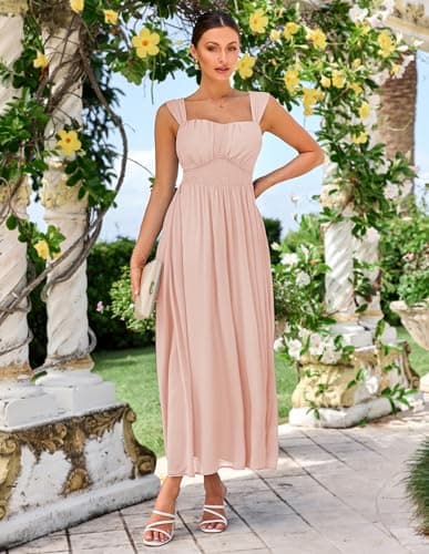 GRACE KARIN Summer Pink Apricot Dress for Women 2026,Off the Shoulder Smocked Bridesmaid Dresses,Formal Baby Shower Maxi Dresses XXL - Thumbnail 3