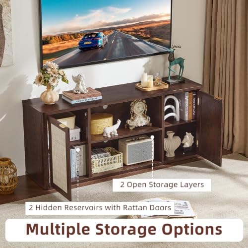 LEYAOYAO Rattan TV Stands for Living Room, Walnut - Thumbnail 3