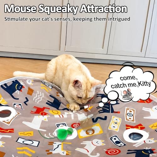 BENTOPAL Cat Toys for Indoor Cats, Interactive Ball & 9 Holes Play Mat, Hide-n-Seek Exercise Game, Automatic Ball in Pouch, Mouse Squeaky Stimulating Toy, Motion Activated Kitten Enrichment Toys - Thumbnail 4