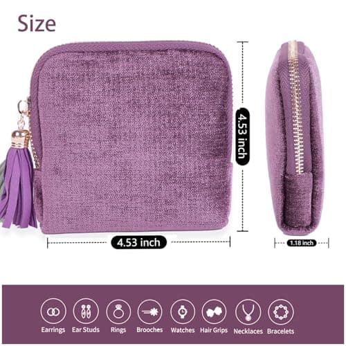ASINGYER Travel Jewelry Storage Bag for Women, Velvet Portable Jewelry Organizer with Tassel Zipper, Small Pouches for Bracelets Necklaces Rings Earrings, Wedding Gift for Women (purple) - Thumbnail 6