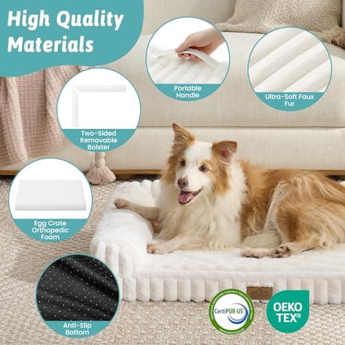 COZY KISS Large Dog Bed, Faux Rabbit Fur Orthopedic Foam Dog Bed with Sides, Removable Washable Cover & Waterproof Lining, Comfortable Pet Couch for Large Dogs, Cream (44" L x 32" W x 7" Th) - Thumbnail 6