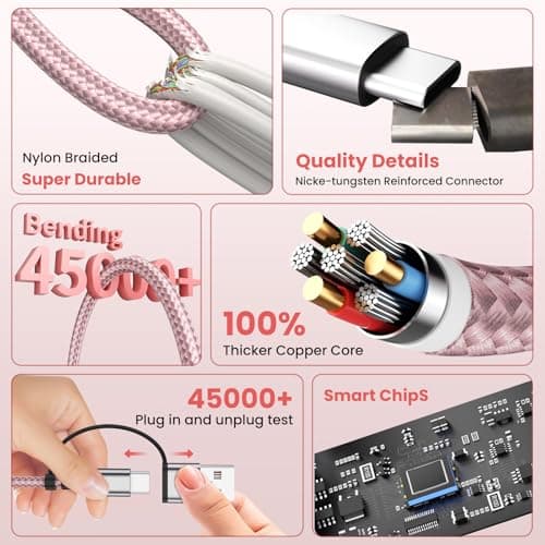 Travel Cruise Essentials,3 in 2 Multi Charging Cable for iWatch Charger/IP/USB C,Pink 1-Pack 5FT Braided USB A/C Cable Designed for Multiple Devices,Car Accessories for iWatch Ultra/SE & iPhone 17-11 - Thumbnail 4