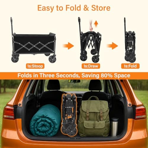 Wagons Carts Foldable, Collapsible Wagon, Folding Wagon Cart with Wheels, Wagons Carts Foldable 280 Lbs - Lightweight Portable Small Fold Up for Camping, Travel, Sports, Grocery, Shopping, Black - Thumbnail 6
