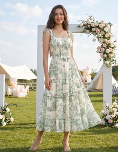Scarlet Darkness Womens Sundress Cottagecore Spring Summer Boho Floral Dress with Pockets Green S - Thumbnail 3