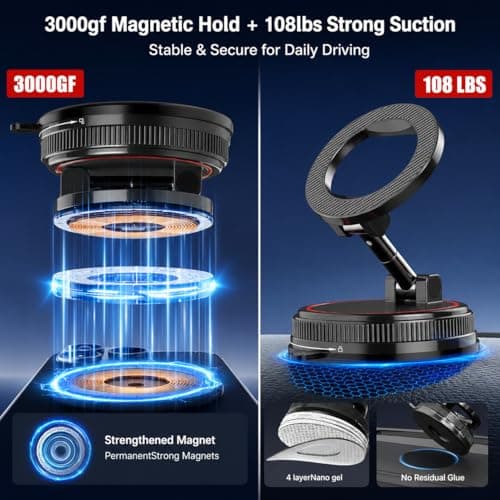 Magnetic Car Phone Holder Mount, Compatible with MagSafe, 108LBS Vacuum Suction Car Mount, 3000gf Magnetic Hold, 360° Adjustable Foldable Dashboard Windshield Phone Mount for iPhone 17-12 & Android - Thumbnail 2