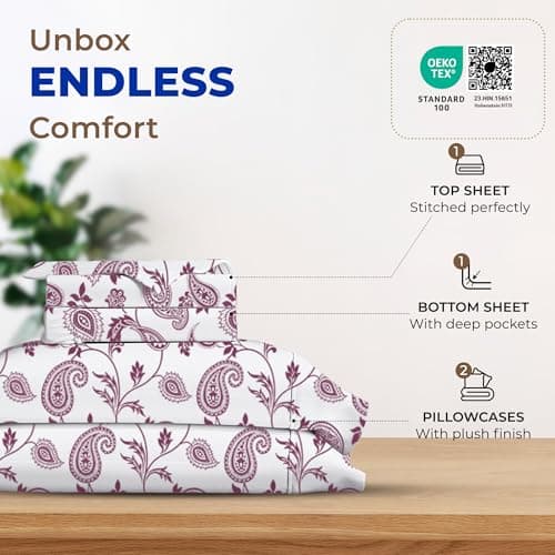 THREAD SPREAD Luxury Egyptian Cotton California King Printed Sheet Set, 600 Series Bliss Collection Extra Long Staple Set (4 PC, Paisley), Cal King Sheets Upto 18" Deep Pocket - Thumbnail 3