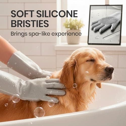 DELOMO Dog Washing Gloves with Comb: Soft and Gentle Silicone Pet Grooming Gloves - Bathing Scrubber Brush Mitt Grooming Shedding Fur Removal Massage for Dogs/Cats/Horse, Grey - Thumbnail 5