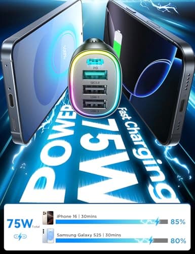 75W Car Charger USB C, 4 Port Super Fast Cigarette Lighter USB Charger, Type C 60W & QC 3.0 Multiport Car Phone Adapter Accessories for iPhone 17/16/15/14/13/12 Pro Samsung S26 Series - Thumbnail 4
