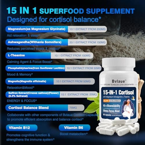 Bvlaue Cortisol Supplements for Women & Men - 15-in-1 Cortisol Reducer Manager Lower w/Ashwagandha,Magnesium,L-Theanine/Saffron Vitamin B6 & B12,60 Vegan CT for Stress Relief Sleep,Mood,Non-GMO - Thumbnail 3