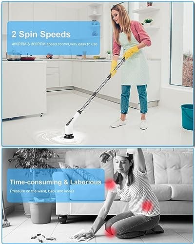 Leebein Electric Spin Scrubber, Cordless Cleaning Brush with 8 Replaceable Brush Heads, Tub and Floor Tile 360 Power Scrubber Dual Speed with Adjustable & Detachable Handle for Bathroom Kitchen Car - Thumbnail 2