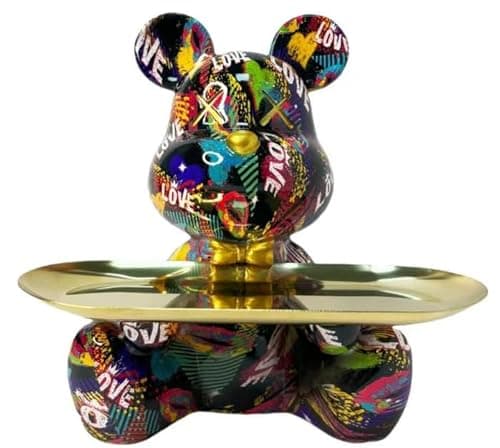Coniuty Hypebeast Graffiti Bear Sculpture with Tray for Candy and Accessory, Resin Animal Statue Home Decor for Living Room, Office on Table, Shelf and Cabinet (B) - Image 1