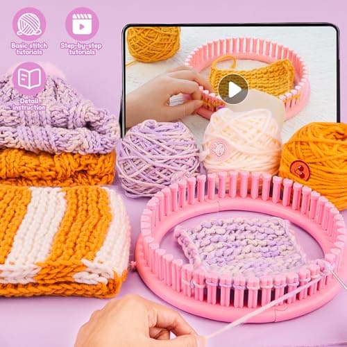 Knitting Loom Craft Kit for Kids & Beginners - Create Hat & Scraf with Yarn, Hook Needle, Ideal Birthday Christmas Gifts for Teens Girls Age 6-8 8-12 14+, Pink Loom - Thumbnail 2