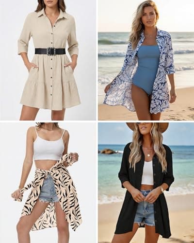 AUSELILY Summer Babydoll Dresses 3/4 Sleeve Button Down Casual A-Line Mini Cute Sundress Loose Flowy Dress with Pockets - Thumbnail 6