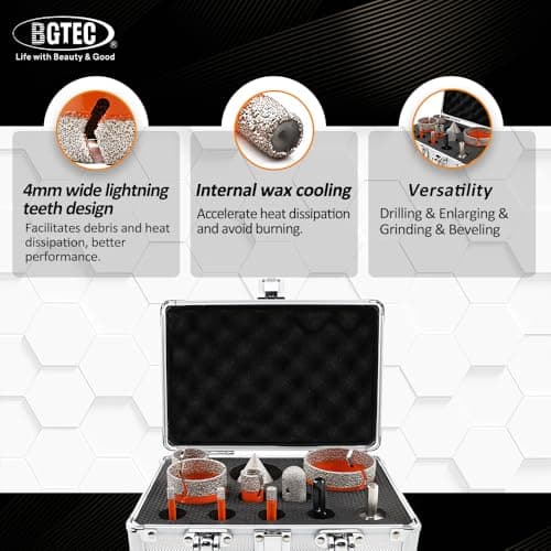 BGTEC Tile Hole Saw Kit Diamond - 11PCS 5/8-11 Thread Drill Bits 6/6/8/19/35/50/65mm+50mm Beveling Chamfer Bit+20mm Finger Bit+SDS/HEX Adapter for Pocelian Tile Ceramic Marble Granite Stoneware - Thumbnail 5