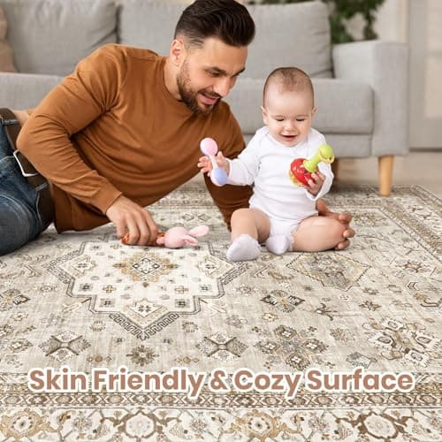 Vintage Living Room Area Rug 5x7 - Large Soft Washable Oriental Traditional Distressed Farmhouse Rugs for Bedroom - Indoor Floor Accent Carpet for Home Office House Decor - Beige - Thumbnail 4