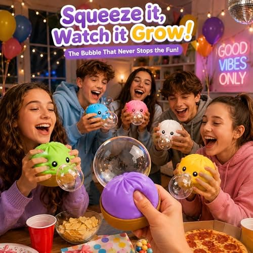 KYLARA Yellow Pink Dumpling Squishies, Mystery Squishies Dumpling Blowing Bubble, Soft Squeeze Desk Toy, Tie Dye Bao Bun with Food Streamer, Cute Fidget Sensory Ball Gift for Stress Anxiety Relief - Thumbnail 2