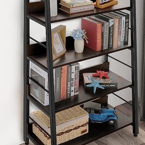 BATHWA 5 Tier Book Shelf, Rustic Industrial Ladder Bookshelf Wood Metal, Dark Brown Farmhouse 28'' Wide 59''Tall Ladder Shelf Living Room, Bedroom, Home Office - Thumbnail 4