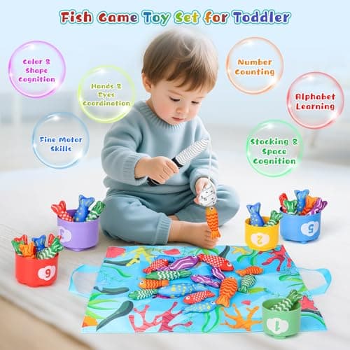 MPQMPQ Montessori Baby Toys, Fishing Game with Stacking Cups & Mat, Educational Baby Toys for Learing Number Counting & Color Sorting, Birthday Gift for Toddler Boy Girl 18 Months+ - Thumbnail 2