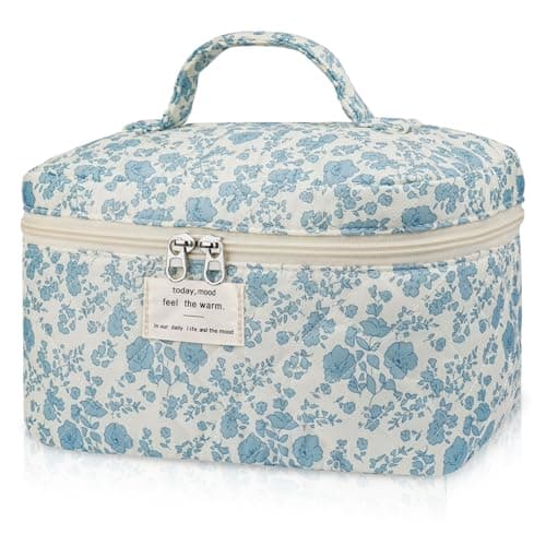 Edelefas Large Floral Makeup Bag for Women, Cute Quilted Cosmetic Bag Travel Toiletry Organizer Make up Bag, Coquette Aesthetic Big Makeup Bags for Girls Gift (Blue)