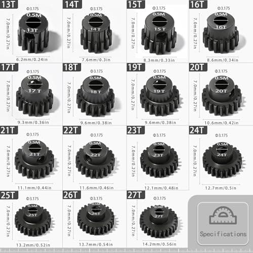 0.5M Pinion Gear 13T 14T 15T 16T 17T Hardened Steel 3.175mm Bore with 2.3mm Adapter, Gear for ARRMA 1/14 Typhon 1/16 Mojave 1/18 Granite, Losi 1/12, 0.5Mod Gear 13T-27T for HOBBYWING Motors - Thumbnail 2