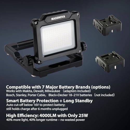 MASSNOVA 4000LM 25W Cordless Work Light with Tripod Stand, Super Bright, Compatible with Dewalt, Makita and Milwaukee 18-21V Power Battery, Brightness Adjustable, Flicker Free - Thumbnail 4