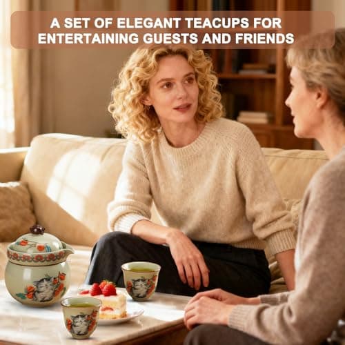 Mini Tea Cups,Cute Lucky Cat Cups,Small Tea Mugs,Porcelain Gongfu Tea set with 3 in 1,Tea Sets for Adults,Ceramic Tea Infuser Cup for Loose Leaf for Women/Tea Lovers/Birthday/Mother's Day (Green) - Thumbnail 2