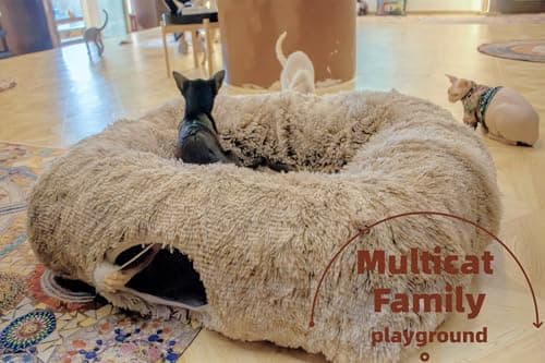 XxingSheep XL Cat Tunnel with Bed for Indoor Cats Peekaboo Cat Cave Donut Toy with Warm Mat,Yellow-Brown - Thumbnail 2