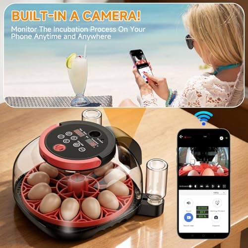 Full Automatic Egg Incubator WiFi with Camera, Automatic Egg Turner, Humidity and Temperature Control, APP Notification, Egg Candler, Smart Incubators for Hatching 12 Eggs, Chicken, Pigeon and Quail - Thumbnail 2