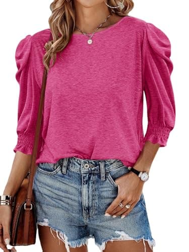 Tankaneo Womens 3/4 Length Sleeve Tops Dressy Casual Blouse Puff Sleeve Cute Trendy T Shirts with Smocked Cuffs Rose Red - Image 1