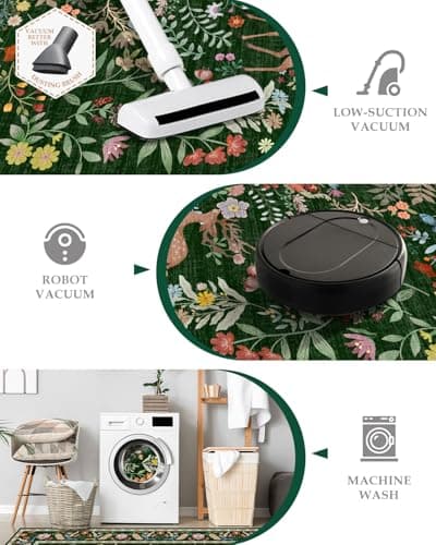 Lunasun Green Washable Floral 2x6 Runner Rug for Hallway- Stain Resistant Kitchen Runners, Botanical & Animal Indoor Floor Mat for Bathroom, Soft Non Slip with Rubber Backed - Thumbnail 6