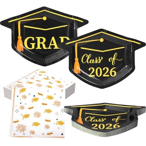 100 Pcs Class of 2026 Graduation Plates and Napkins Sets - 50 Mortarboard Shaped Paper Plates (2 Designs) & 50 Grad Napkins - Black and Gold Graduation Party Supplies for 2026 Grad Decorations - Image 1