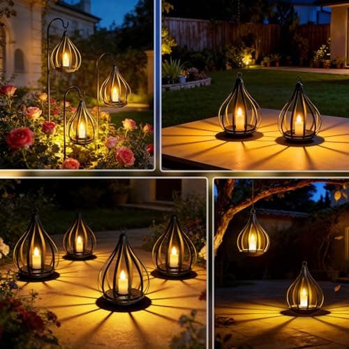 Solar Lanterns Outdoor Waterproof,Hanging Solar Lights Outdoor with Flickering Flameless Candle,Gifts for Women Mom Grandma,Outdoor Solar Lanterns for Garden Patio Backyard Pathway Decor, 2 Pack - Thumbnail 3