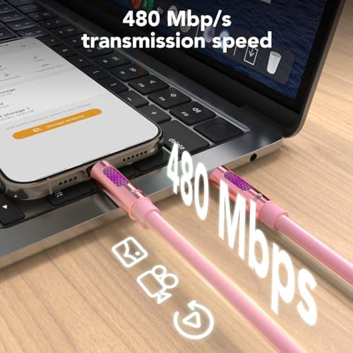 MFish 240W USB-C to USB-C Cable (PD 3.1 EPR), 480Mbps Speed, Fast Charging Type C Cable for MacBook Pro/Air, iPhone 17/16 Pro, Galaxy S25/S24, Laptops, iPad, Durable Silicone, 6FT Pink - Thumbnail 5