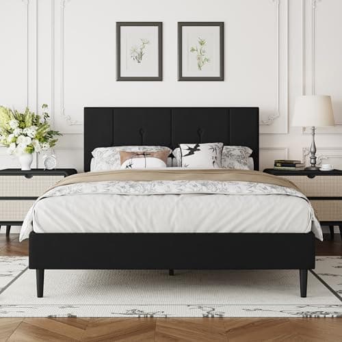 IOILORI Full Size Bed Frame Platform with Velvet Upholstered Headboard, Sturdy Wooden Slats, No Spring Box, No Noise, Easy to Assemble, Light Grey Bedframe with Strong Wooden Slats, Black