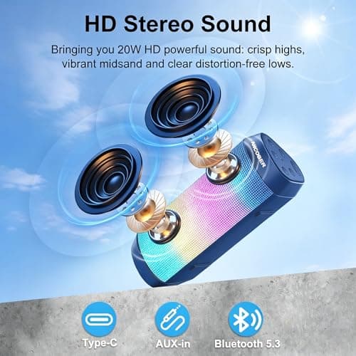 ANCOBER Bluetooth Speaker, Portable Wireless Speaker with HD Crystal Stereo Sound, LED Lights, IPX4 Waterproof, TWS Pairing, BT5.3, Electronics Gadget for Home/Party/Outdoor/Camping, Gifts (Jeansblue) - Thumbnail 2