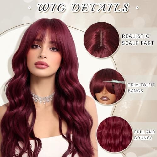 Potoki Long Wavy Burgundy Wig With Bangs Heat Resistant Synthetic Wigs For Women 26 Inch Free Soft Body Wave Red Wig With Natural Appearance Suitable For Beginners Festival Holiday Use - Thumbnail 4