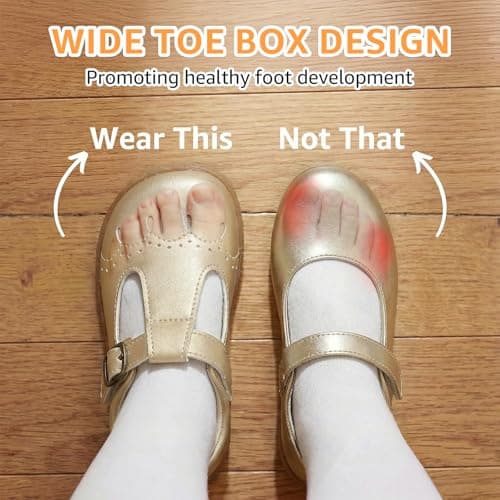 WIDE TOE BOX Toddler Mary Jane Dress Shoes Little Girl Party Dress Shoes Uniform Shoes for School Wedding Shoes,Gold Toddler 6 - Thumbnail 4