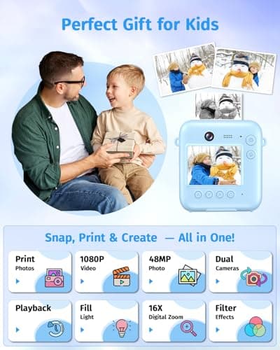 Instant Camera, Dual-Lens Kids Camera Instant Print for Boys Girls Christmas Birthday Gifts, 1080P Digital Cameras for Kids Teens with Print Paper, 32GB Card, Toddle Toy for Age 4-12 Years(Blue) - Thumbnail 2