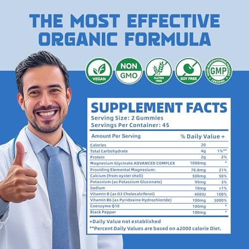 Magnesium Glycinate Gummies 1000mg with Magnesium L-Threonate,Chelated Magnesium Potassium Complex Supplement with VitD, B6, CoQ10, Calcium,Supports for Memory, Calm, Mood - 90 Gummies Blueberry - Thumbnail 4