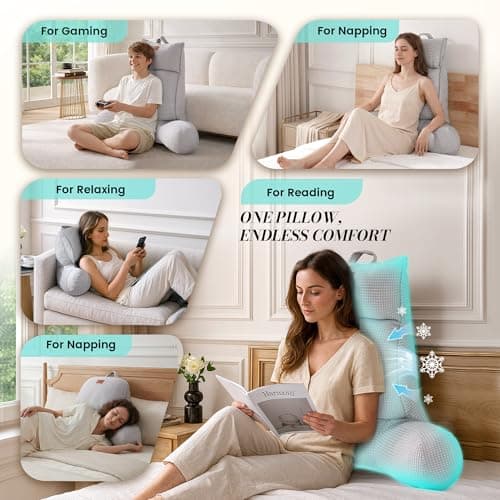 Amélie Home Cooling Reading Pillow with Arms for Adults, Breathable Waffle Fabric Bed Rest Pillow for Sitting Up, Ergonomic Back Support with Pockets for Gaming Relaxing, Cooling Gray, 29 Inches - Thumbnail 2