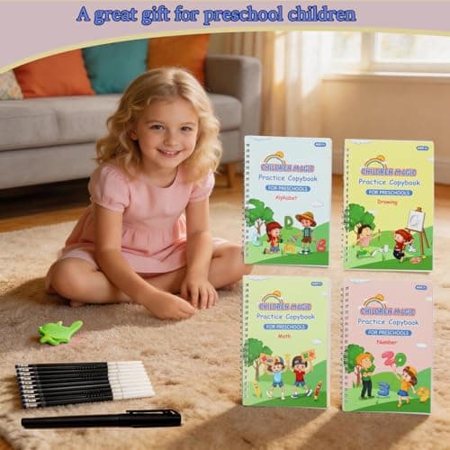 Magical Handwriting Workbooks Handwriting Practice Magic Copybook, Handwriting Aid Magic Pen Reusable Copybook Grooves Template Design for Children(4 Books, 10 Pens & 1 Pencil Grip) - Thumbnail 6