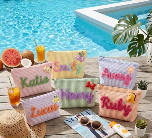 NYLGOXITK Personalized striped makeup bag, portable toiletry bag perfect for beach and villa pool vacations. Custom storage cosmetic bag for ladies daily use, ideal travel gift. - Thumbnail 2
