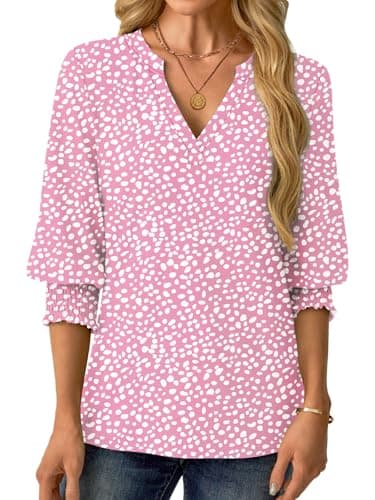 GKBK Womens 3/4 Sleeve Shirts V Neck Dressy Casual Spring Summer Blouses with Smocked Cuffs - Thumbnail 4