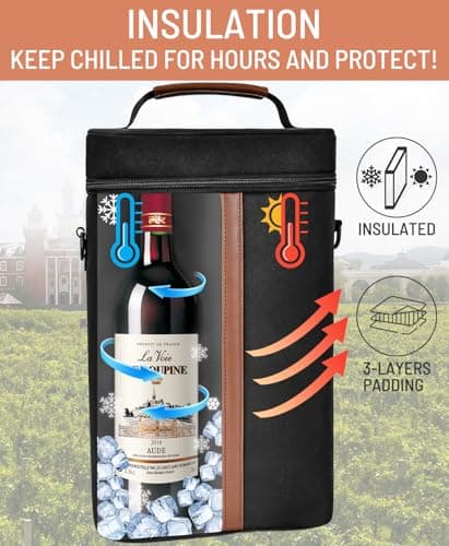 Neverwhy Insulated Wine Bag - Wine Bottle Carrier Tote Cooler Bags for Gifts Travel Picnic Beach, Black - 2 Bottle - Thumbnail 3
