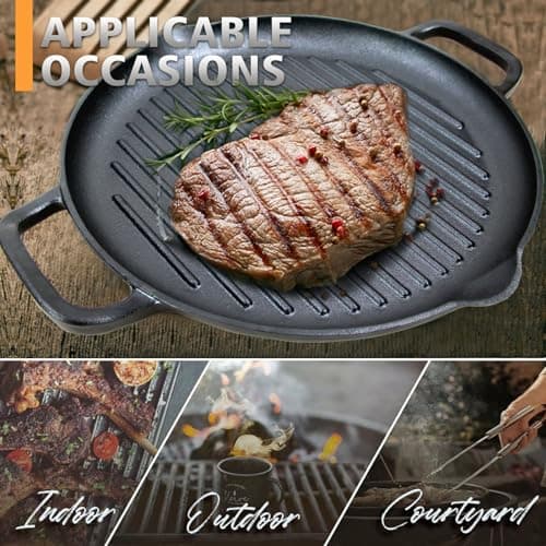 Cast Iron Grill Pan, 12.6 inch Griddle Pan with Dual Handles, Pre-Seasoned Heavy-Duty Cast Iron Skillet for Stovetop, Oven, Indoor & Outdoor BBQ Use - Thumbnail 6