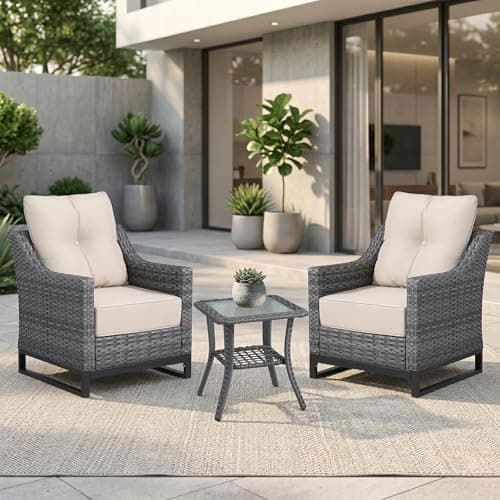 Domvaranique 3 Piece Patio Furniture Set, Grey Wicker Outdoor Conversation Set with 2 Wicker Chairs and Side Table, 6-Inch Thick Cushions, High Back Seating, Beige Olefin Covers for Porch, Deck - Image 1